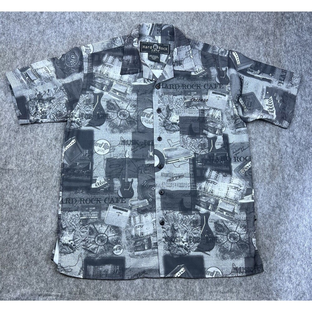 Vtg Hard Rock Cafe Men's Hawaiian Button Up Shirt Chicago Gray Short Sleeve Sz S